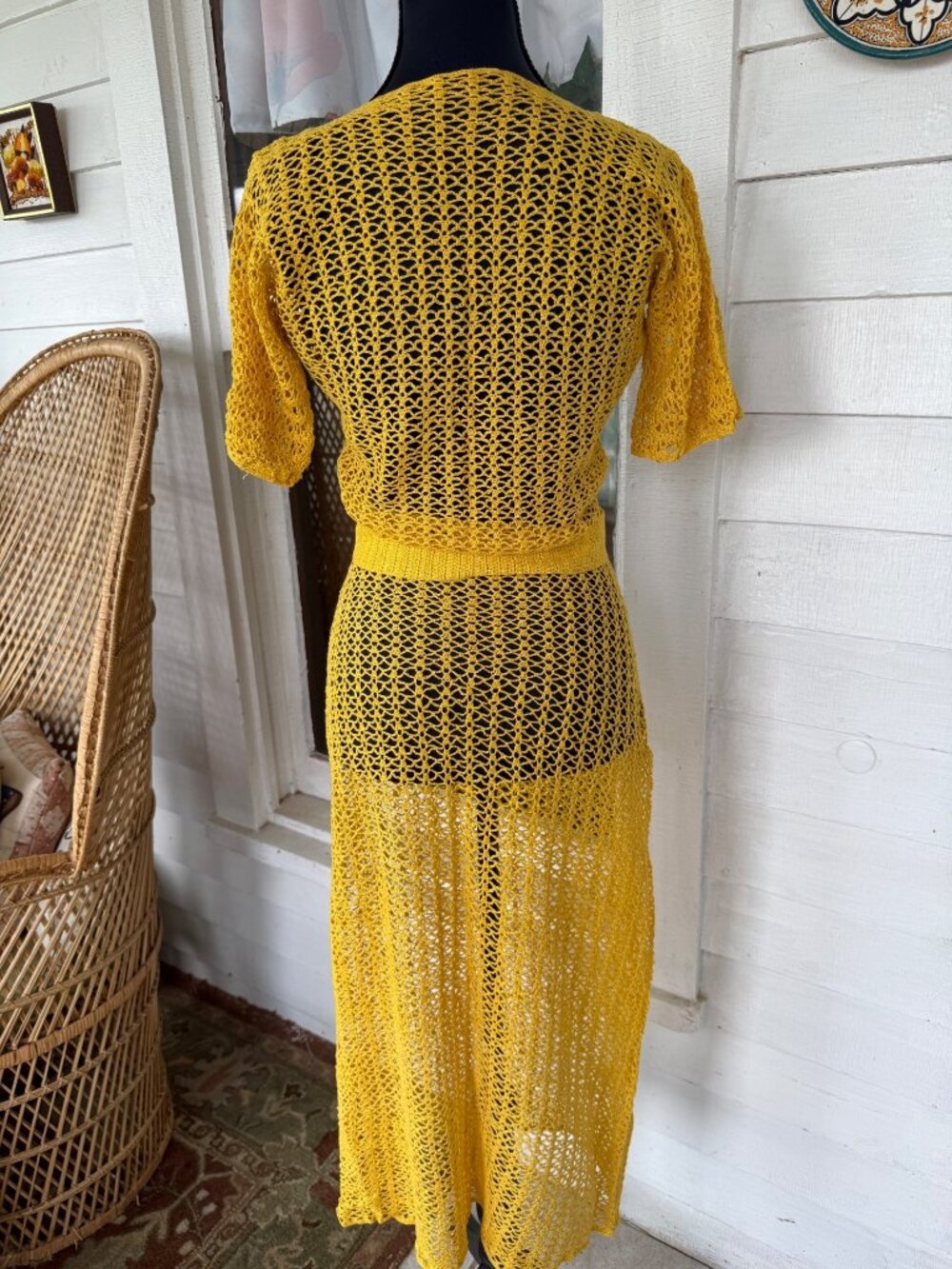 Vintage 1930s Mustard Yellow Cotton Crochet Tea Dress With Belt Size S - Picture 2 of 16